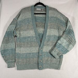 Vintage Saturdays 80s 90s Cardigan Sweater Aqua Blue Stripes Button Up